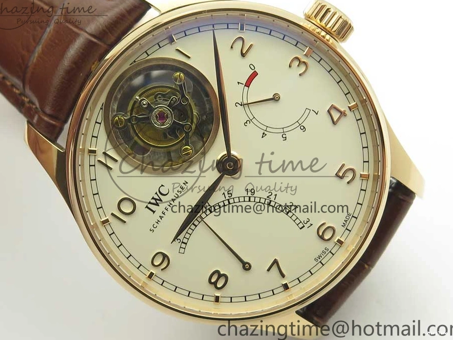 MIROTIME 0223 Portuguese Tourbillon IW504602 RG ZF Best Edition White Dial on Brown Leather Strap Stretchable 7178
